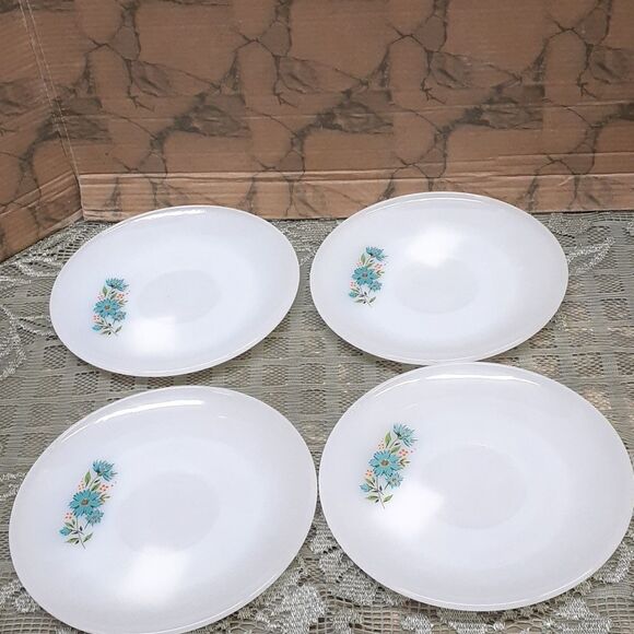 Vintage 5 pc Fire King Anchor Hocking Blue Daisy Milk Glass Saucer 6” - Picture 1 of 6